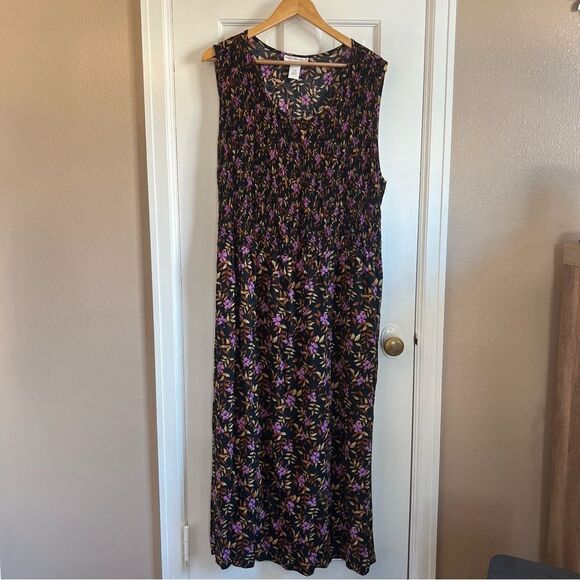 anna maxwell Dresses & Skirts - Floral Black and Purple Sleeveless Scoop Neck Maxi Sundress